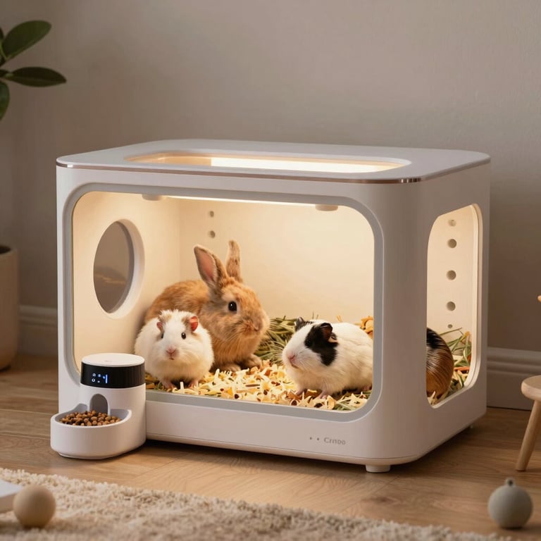 Smart indoor habitat for small pets featuring a rabbit and guinea pigs with an automatic feeder.