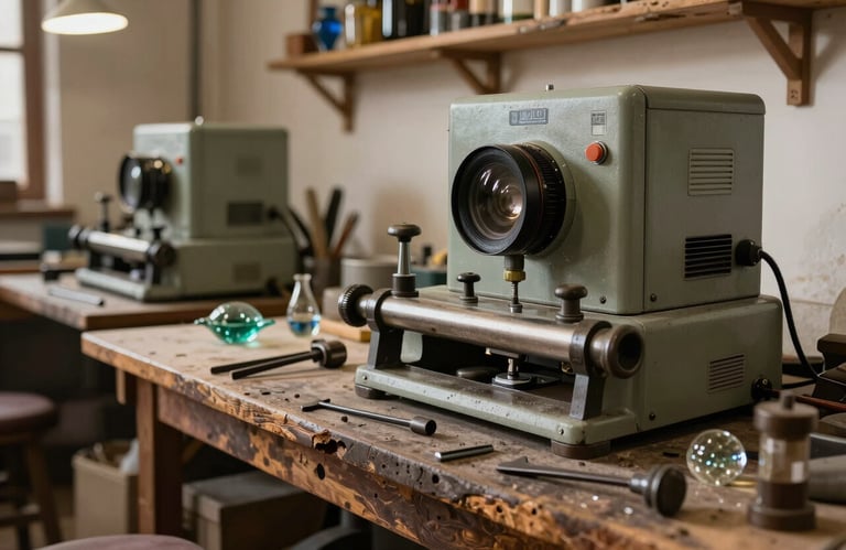 An interior shot of a traditional Spanish / Aragonese glass workshop with vintage cutting tools alongside modern equipment, warm lighting, reflecting decades of history and established expertise.