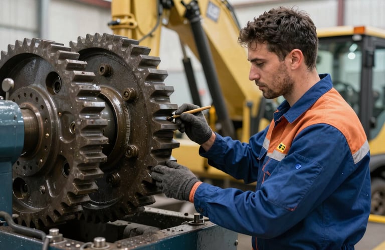 A professional technician in a South African uniform performing a safety check on heavy equipment gears, industrial setting.