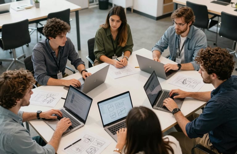 An aerial photography shot of a collaborative brainstorming session in a bright, modern US-based coworking space, featuring laptops and sketches on a clean table.