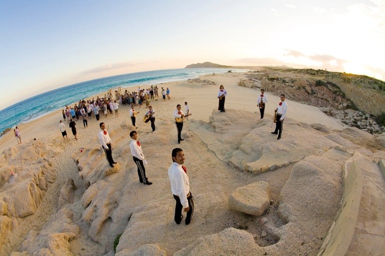 Beach Destination Wedding. Top View. Mariachi Band. Marbella Suites en la Playa, San Jose del Cabo, Mexico.