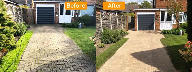 Pressure washing before and after on a block paving driveway