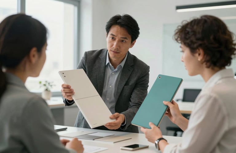 A photo of a technical consultation at a bright architectural office in Spain. A professional is showing high-quality facade samples in off-white and teal to a client, conveying trust and expertise.