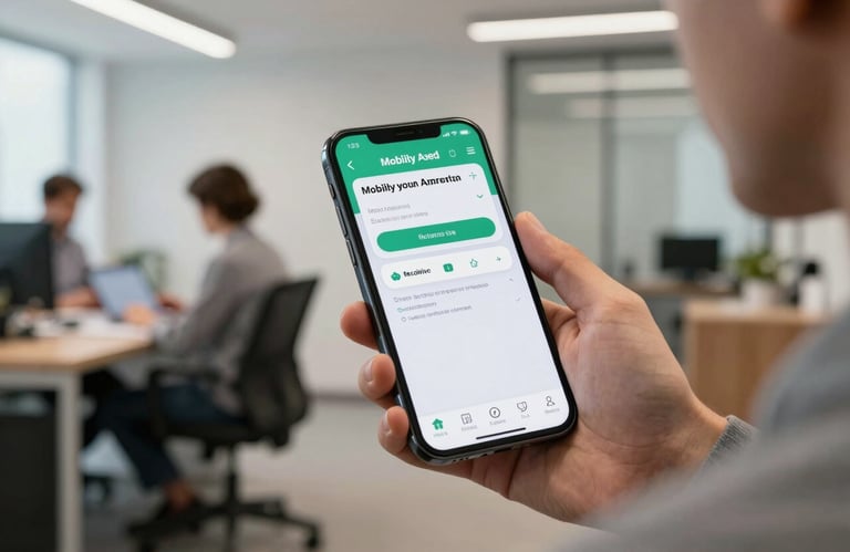 A smartphone displaying a clean mobility payment app interface, held by a person in a modern South American office environment.