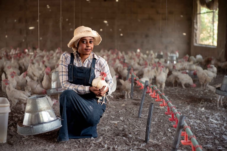 Sudanese woman farmer holding a chicken inside a poultry farm.