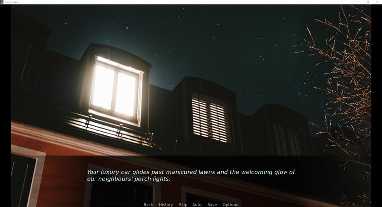 It's nighttime and a light is on in the dormer window of a two storey house