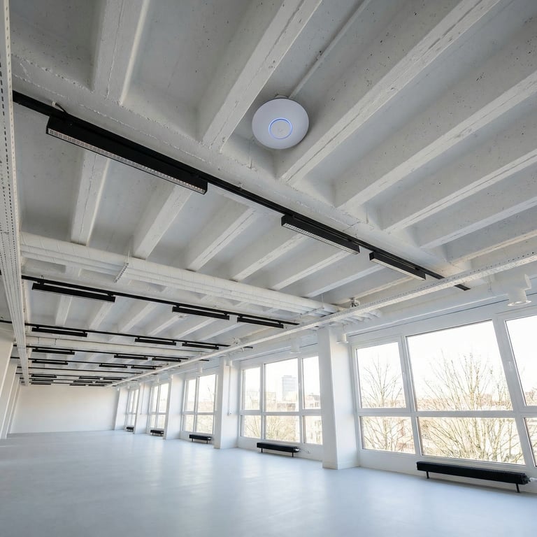Modern white industrial office space featuring a ceiling-mounted WiFi access point and track lighting.