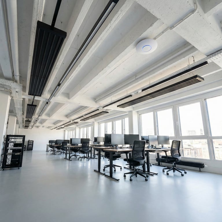 UniFi U7 Access point aan het plafond van een modern kantoor.