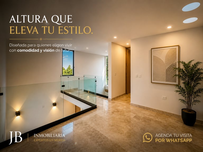 Modern luxury interior design in Merida featuring marble floors, glass railings, and minimalist decor.