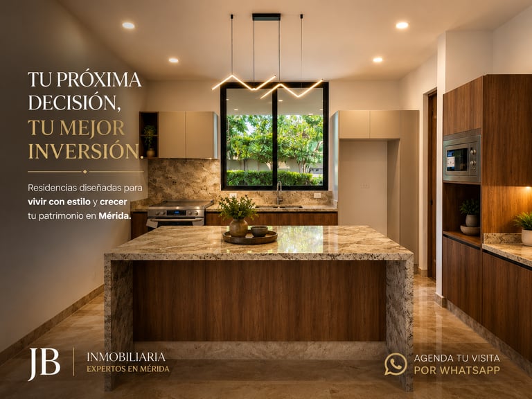 Modern luxury kitchen in Mérida featuring granite countertops, wood cabinets, and sleek lighting.