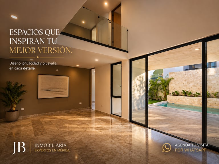 Luxury real estate interior in Merida featuring an open living area, marble floors, and a private pool view.
