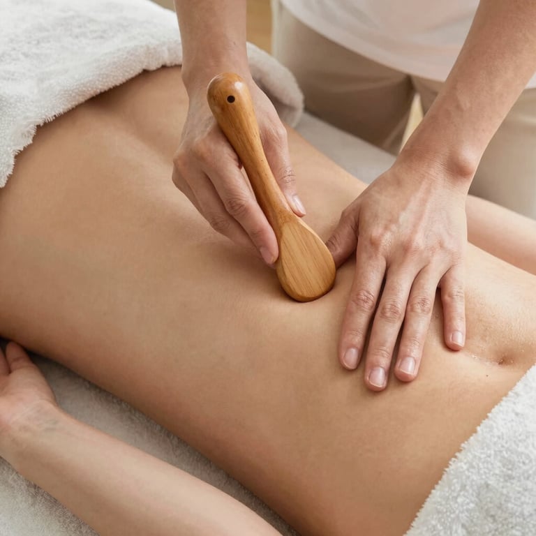 Close-up of wooden massage tools used in maderoterapia on a smooth skin surface.