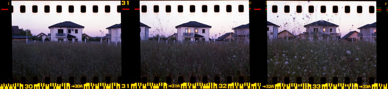 Filmstrip displaying houses scenes with tall grass in the foreground, featuring visible numbers and settings on the film.