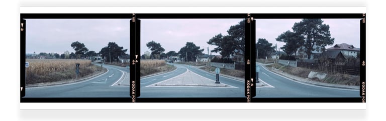 Composite color photograph of a road intersection with traffic signs and a field with tall grasses