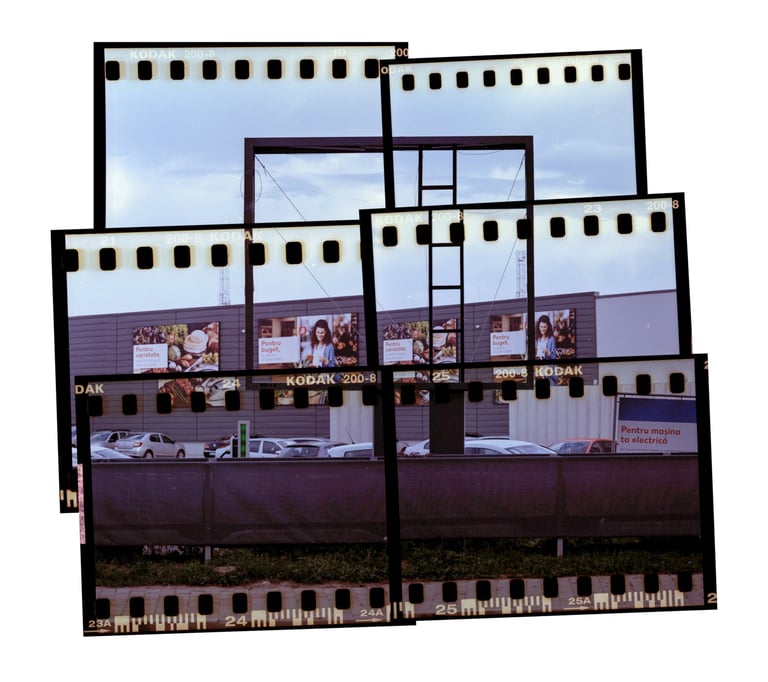 Composed image of a billboard and cars in an urban setting, film strip