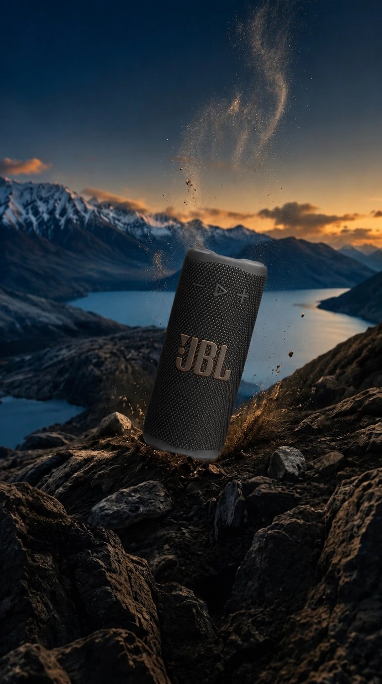 JBL GRIP sur paysage montagneux au coucher du soleil avec effet de projection de terre et pierres.