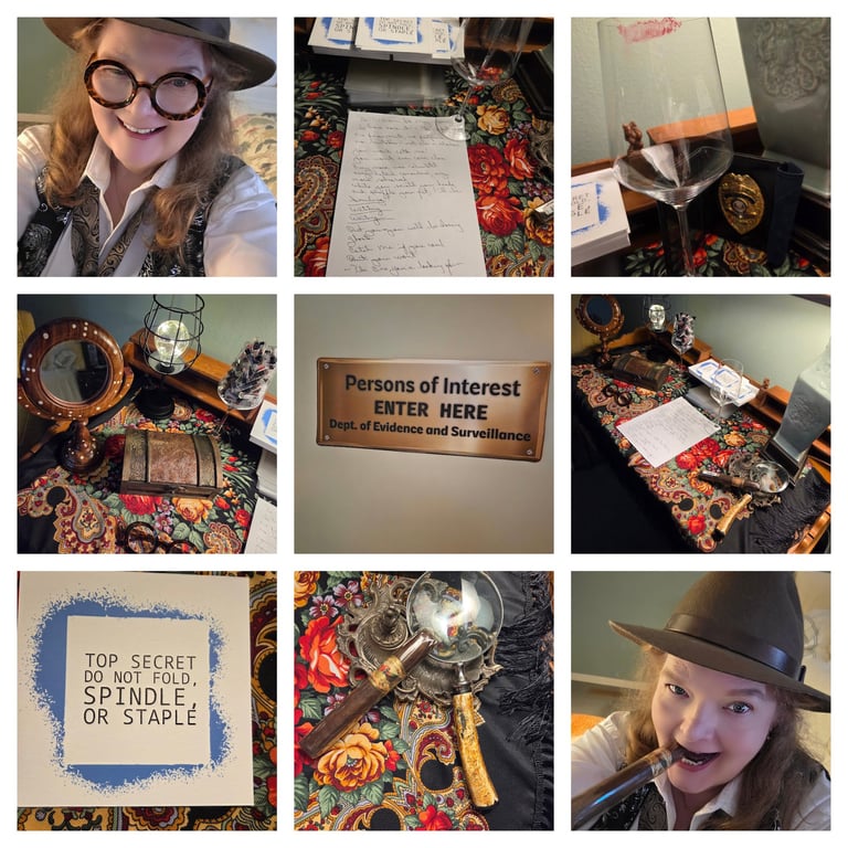 Kiss and Tell investigative mystery party staging with cryptic letter and kissed glass