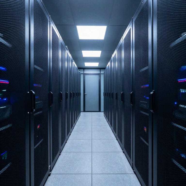 Architectural shot of a high-tech data center hallway in Europe, symmetrical perspective lines, Deep Blue and Dark Navy color scheme, sterile and secure atmosphere.
