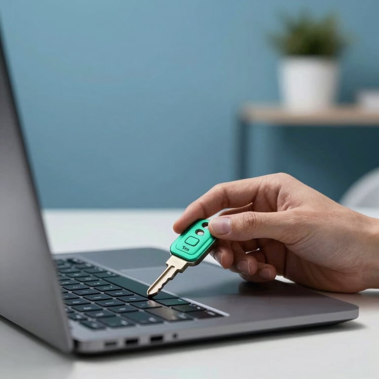 Close up of a hand using a biometric security key on a laptop in a modern minimalist French office, lighting highlights Emerald Teal accents on Steel Blue background.