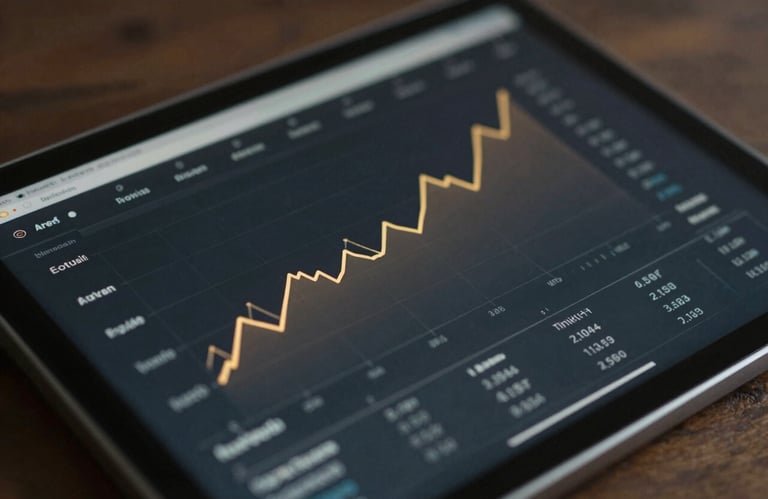 A close-up shot of a modern tablet displaying professional real estate market charts with soft gold lines against a deep charcoal interface.