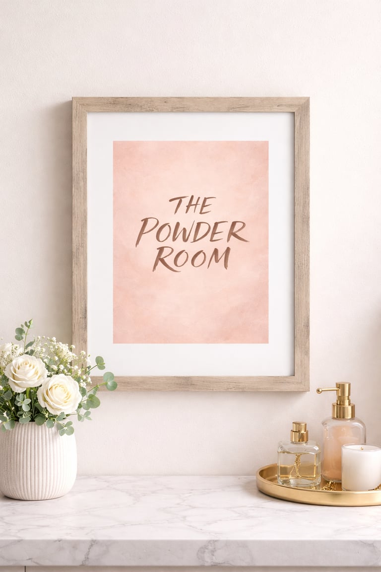 Framed pink powder room wall art on a marble counter with white roses and gold bathroom accessories.