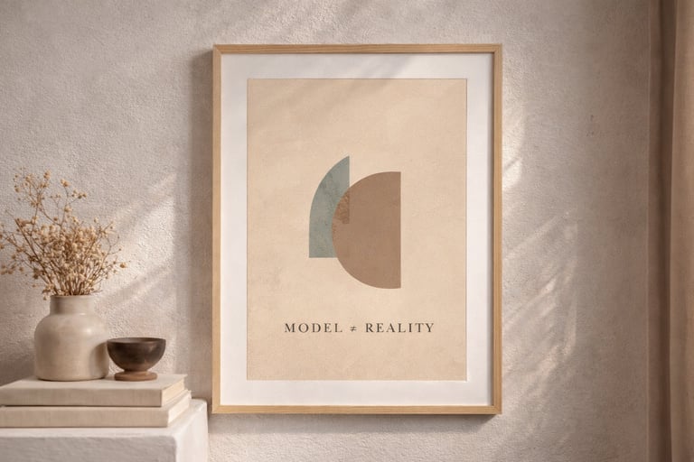 Framed abstract wall art with geometric shapes and text Model Reality on a textured beige wall.