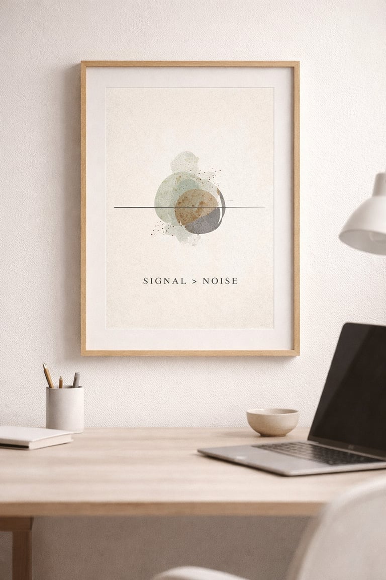 Framed abstract wall art with circles and Signal over Noise text on a minimalist office desk.