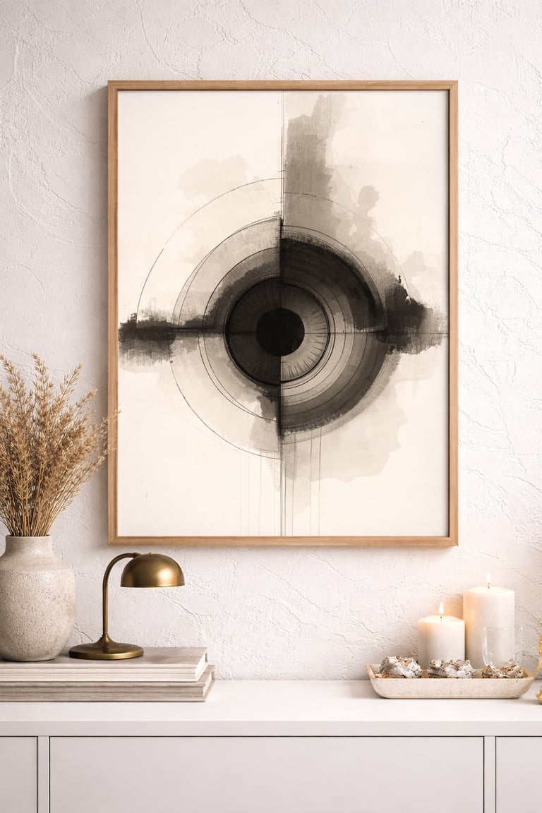 Minimalist abstract eye art print in a wood frame above a modern sideboard with candles and decor.