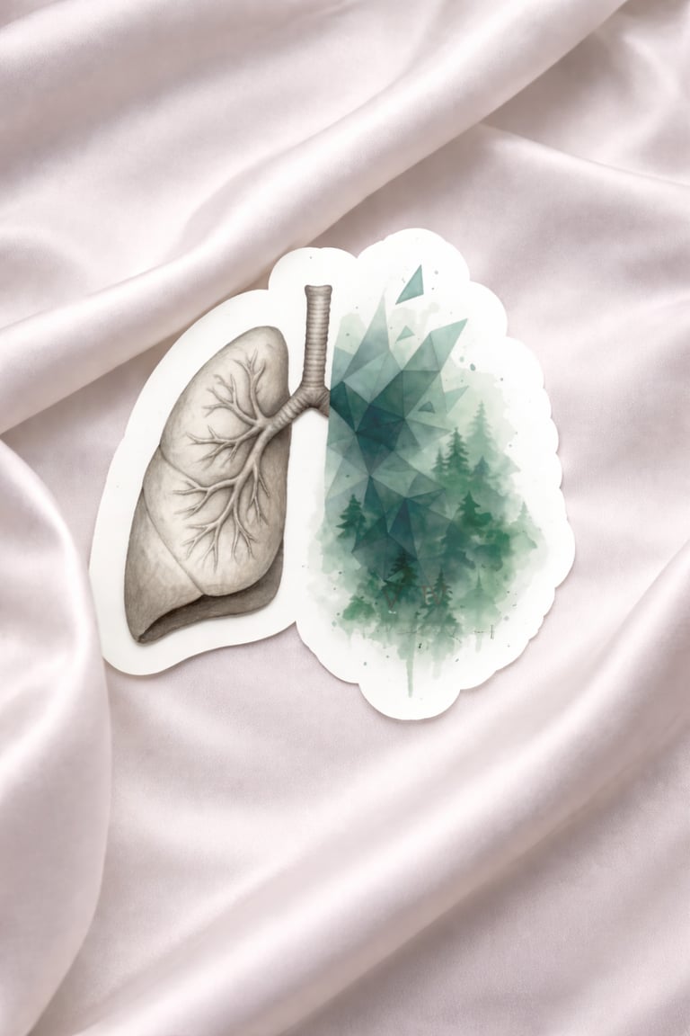 Anatomical lungs sticker with pine forest watercolor art on white silk fabric background.
