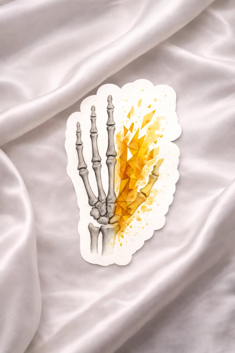 An artistic skeleton hand sticker with yellow geometric crystals on white silk fabric.