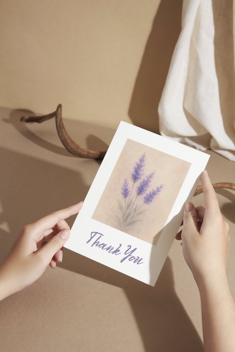 Hands holding a floral thank you card featuring a watercolor lavender illustration on a neutral background.
