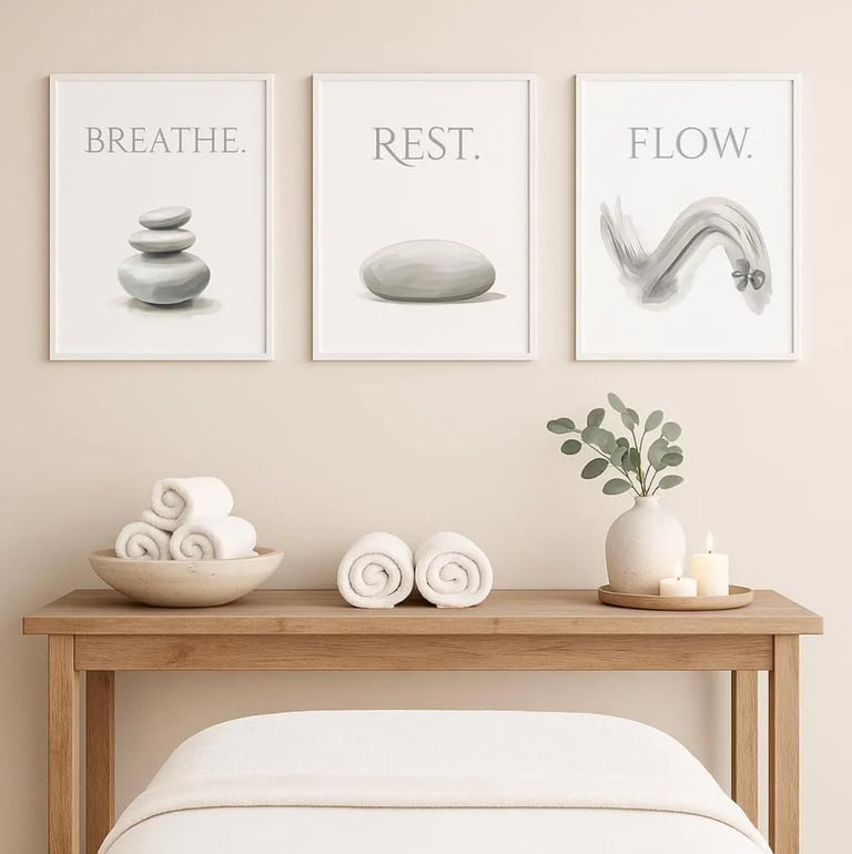 Zen spa decor with framed wall art featuring stones, stacked towels, and a lit candle on a wooden table.