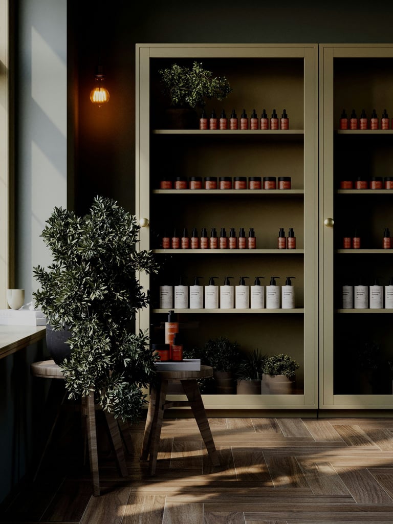 Luxury  products displayed on shelves in a boutique spa interior with natural light.