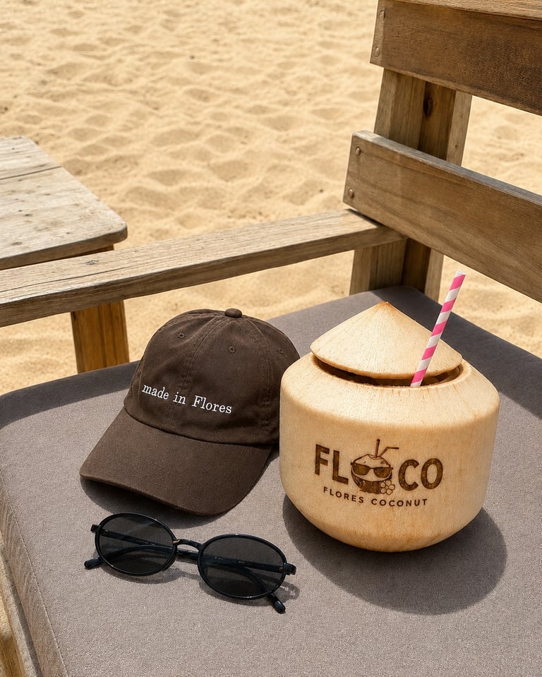 Fresh tropical coconut drink with sunglasses and a brown baseball cap on a beach lounge chair.
