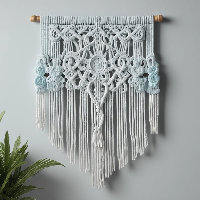 Colgante de pared de macramé artesanal, azul claro, con diseño de nudos detallados.
