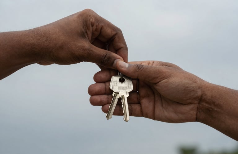 A close-up photograph of a pair of silver house keys being handed over between two people in a professional South Asian / Indian setting, with a clean cloud grey background.