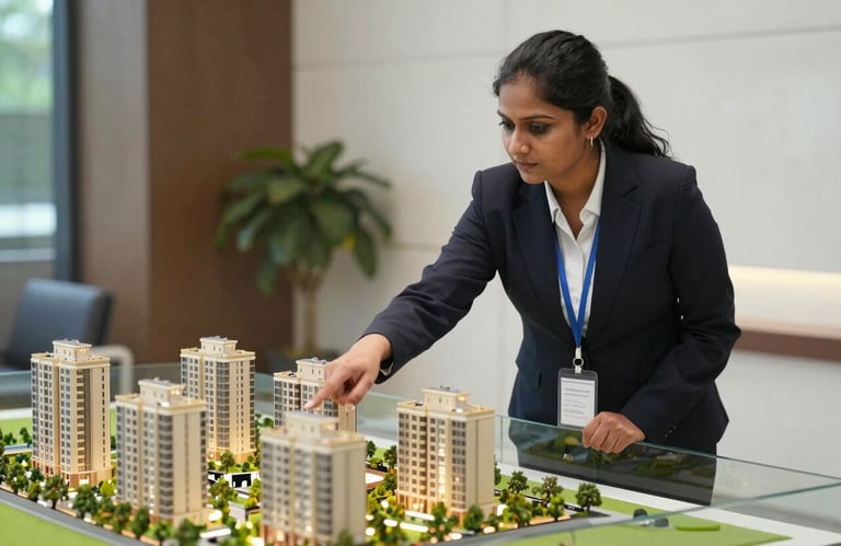 A professional setting showing a South Asian / Indian woman agent pointing to a scale model of a new residential development on a glass table.
