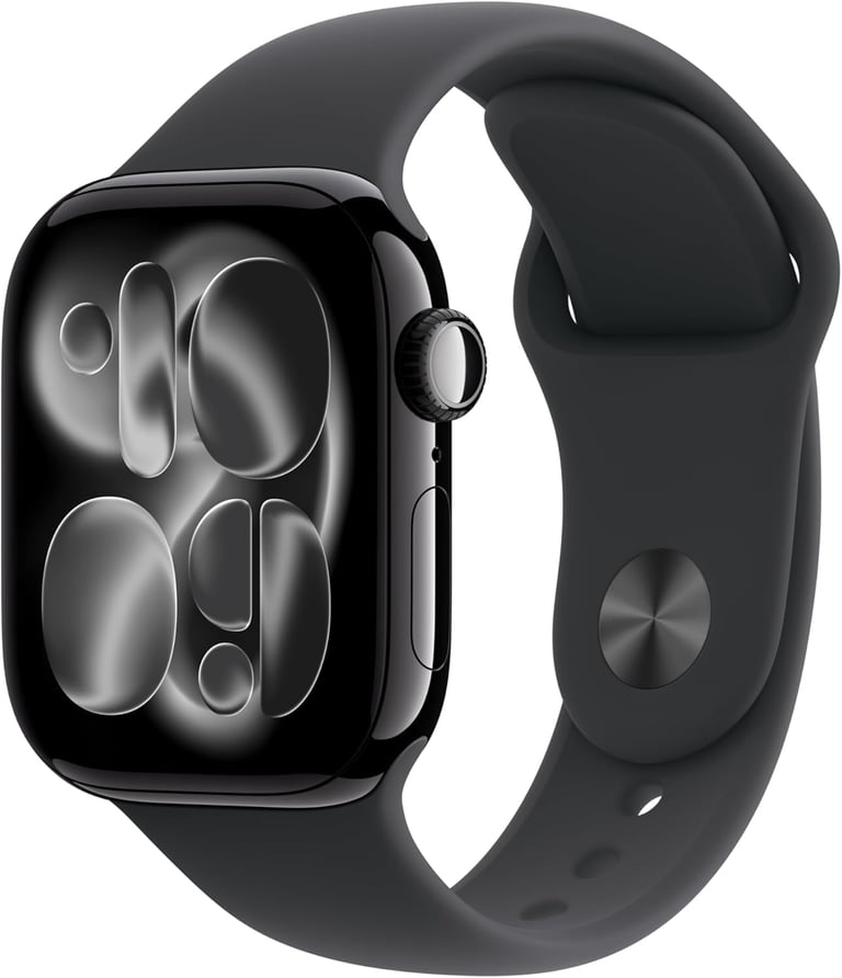Black Apple Watch Series 10 with a midnight aluminum case and black sport band.