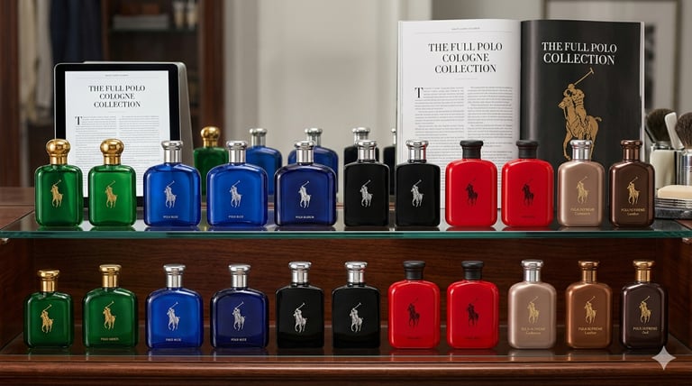 A variety of Ralph Lauren Polo cologne bottles in various colors displayed on glass shelves.