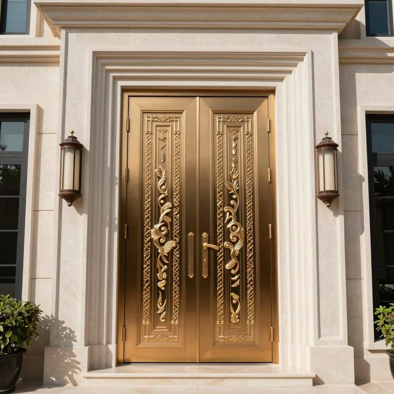 A pair of towering double doors in rich mahogany, opening to a sunlit foyer with marble floors.