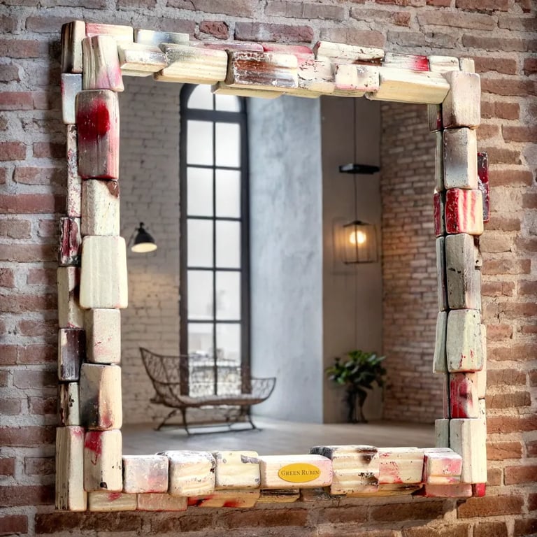 Spiegel mit kunstvollem Rahmen aus weißen, roten und braunen Holzscheiten
