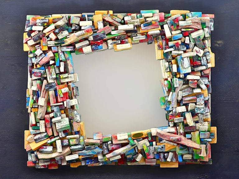Nobler Spiegel mit extrem aufwendig gestaltetem, massiven Rahmen aus unzähligen bunten Holzscheiten