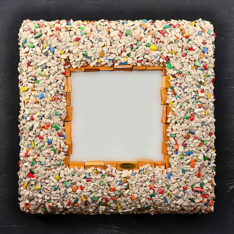 Spiegel mit kunstvollem Rahmen aus unzähligen weißen und bunten Holzstücken