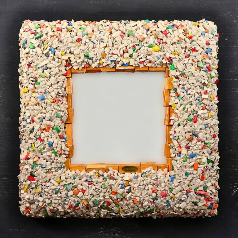 Spiegel Unikat mit Rahmen aus kleinen weiß und bunt lackierten Holzstücken