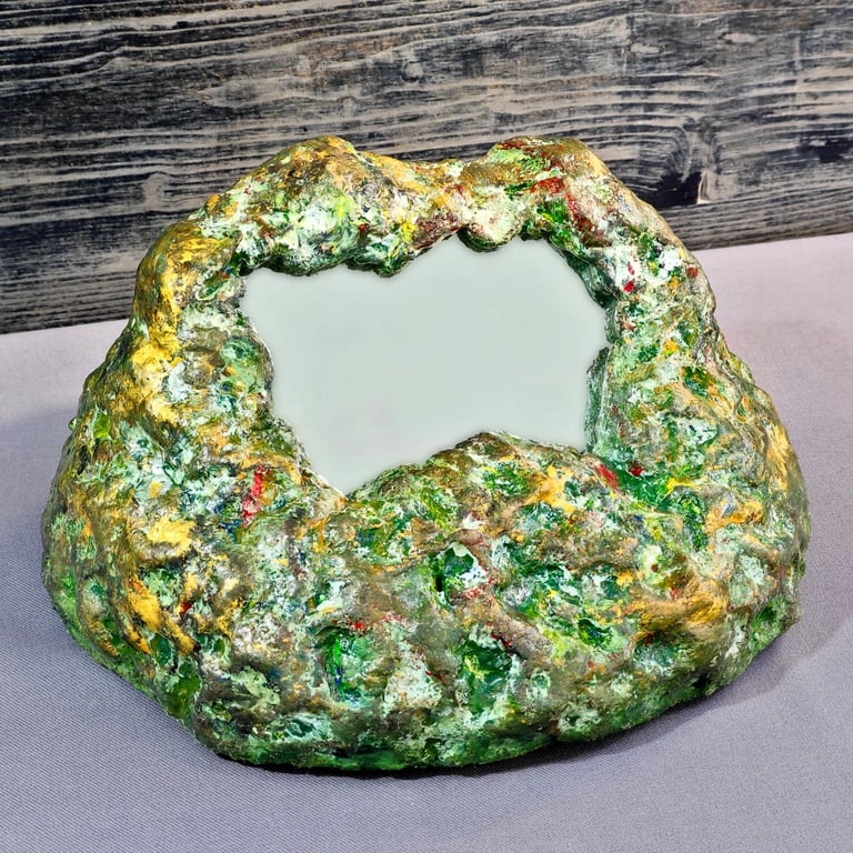 Kunstvoller, kompakter Standspiegel aus Beton in froschähnlicher Form