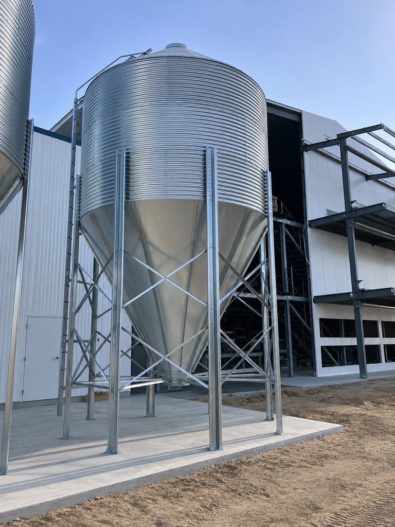 Poultry feed bin installation and assembly.