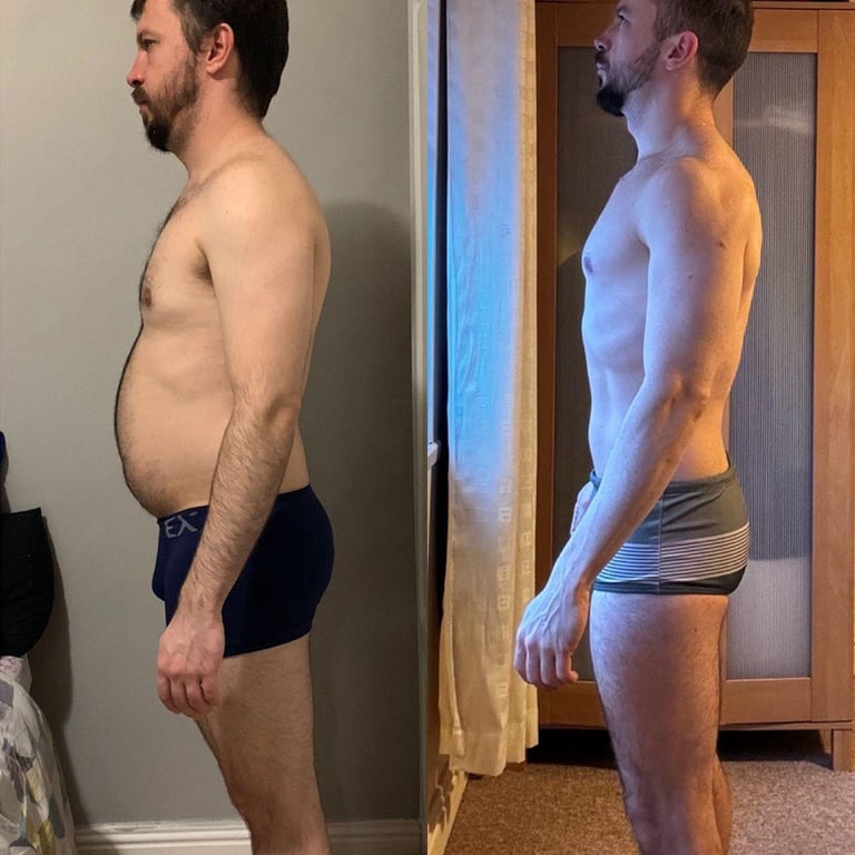 Before and after, male side profile, showing reduced waist and improved posture.