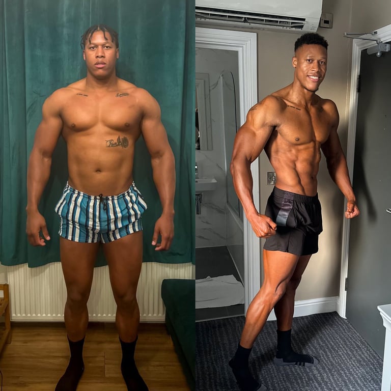 Before and after, male front view, showing more muscle definition and a smaller waist.