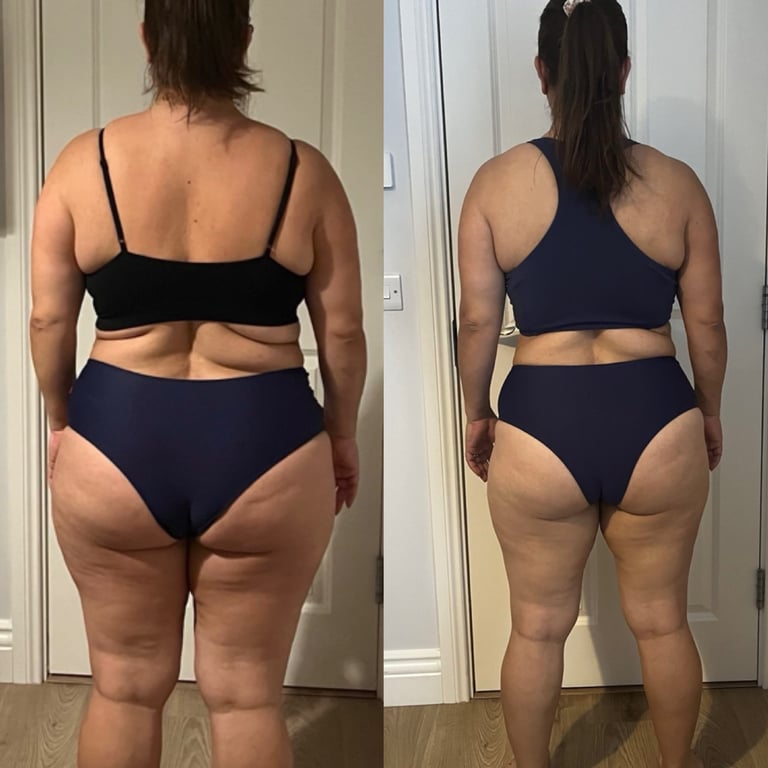 Before and after, female back view, showing slimmer waist and smoother hip contour.