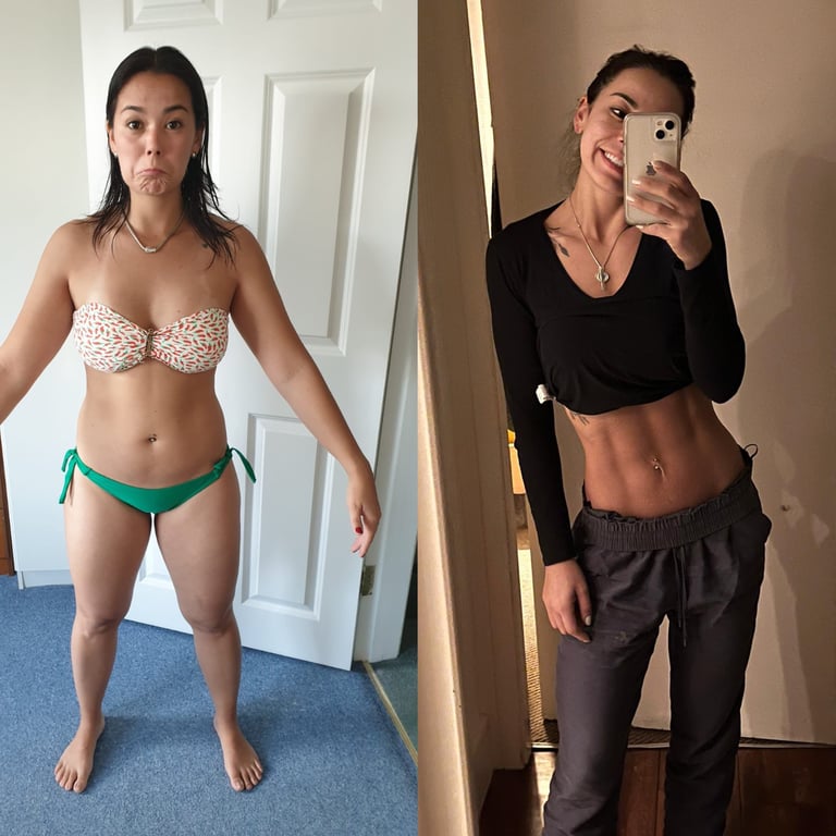 Before and after, female front view, showing flatter stomach and a leaner build.